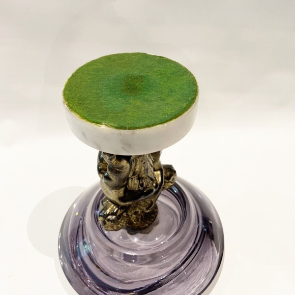 Vtg regency AMETHYST GLASS dish Compote Bowl footed Marble Brass Cherub Art Deco - Picture 6 of 7